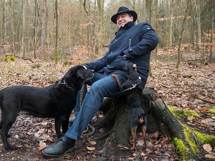 Markus Söder, Ministerpräsident von Bayern, geht mit seiner Hündin im Wald spazieren. Foto: Daniel Karmann/Archivbild