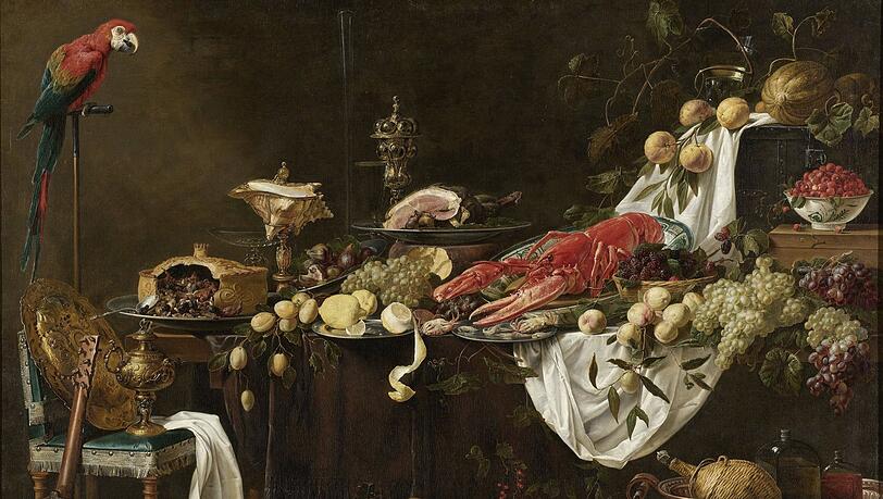 Adriaen van Utrechts Spezialität waren große Küchenstücke mit Hummern, Pasteten, Früchten, Schinken und unfassbar prächtigem Geschirr. Dieses hier entstand 1644.