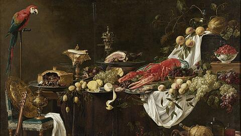 Adriaen van Utrechts Spezialität waren große Küchenstücke mit Hummern, Pasteten, Früchten, Schinken und unfassbar prächtigem Geschirr. Dieses hier entstand 1644.