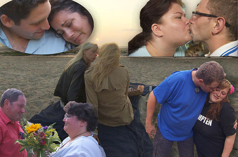 Die Bilder aus der "Bauer sucht Frau"-Sendung vom Montag:  Guy und Victoria, Steffen und Nicole, Peter und Vanessa, Albert und Sabine (von links oben im Uhrzeigersinn). Mitte: Lena und Janine romantisch am Strand.