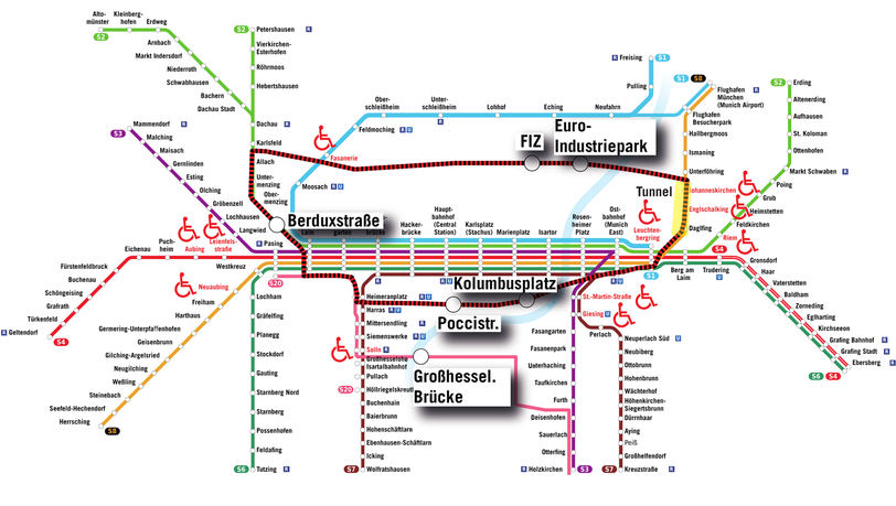 Die Route der erhofften innerstädtischen Ring-S-Bahn ist hier rot-schwarz eingezeichnet, mit fünf neuen Haltestellen am FIZ, Euro-Industriepark und Kolumbusplatz, an der Poccistraße und der Berduxstraße.