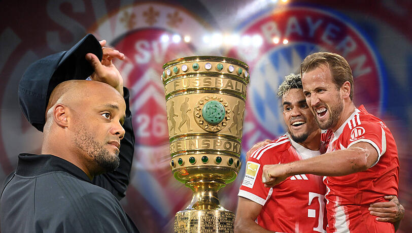 Der Traum vom Pokalfinale in Berlin: Trainer Vincent Kompany (l.) und die Stars Luis Díaz und Harry Kane (r.).