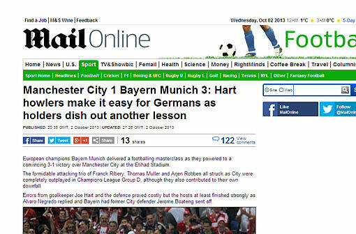 The Daily Mail: "Manchester City 1 Bayern München 3: Harts Schnitzer machen es den Deutschen einfach und sie erteilen wieder eine Lehrstunde."