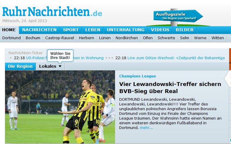 Im Pott dagegen freut man sich: "Vier Lewandowski-Treffer sichern BVB-Sieg über Real", schreibt "RuhrNachrichten.de".