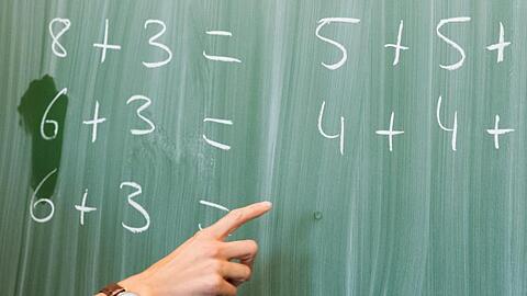 Eine Lehrerin schreibt in einer Schule an eine Tafel. Foto: Julian Stratenschulte/Archiv