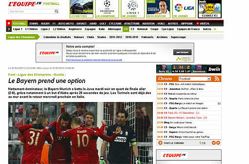 Frankreichs Fachblatt L'Equipe: "Bayern macht einen großen Schritt ins Halbfinale"