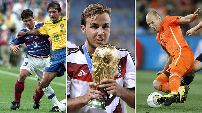 Bixente Lizarazu, Mario Götze und Arjen Robben (v.l.n.r.) standen in ihrer Zeit als Bayern-Spieler in einem WM-Finale.