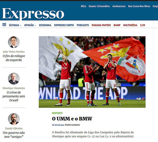 expresso.sapo.pt (Portugal): "Das A und BMW - Benfica von Bayern nach 2:2 (gesamt 3:2) aus der Champions League beseitigt"
