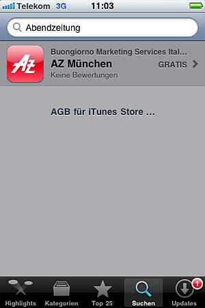 Sie fnden die AZ iPhone-App im App Store unter dem Suchbegriff "Abendzeitung" oder einfach "AZ". Sie können die App entweder direkt an Ihrem iPhone installieren oder an Ihrem Rechner in itunes downloaden. Sie benötigen ein iPhone OS 3.0 oder eine jüngere Version.