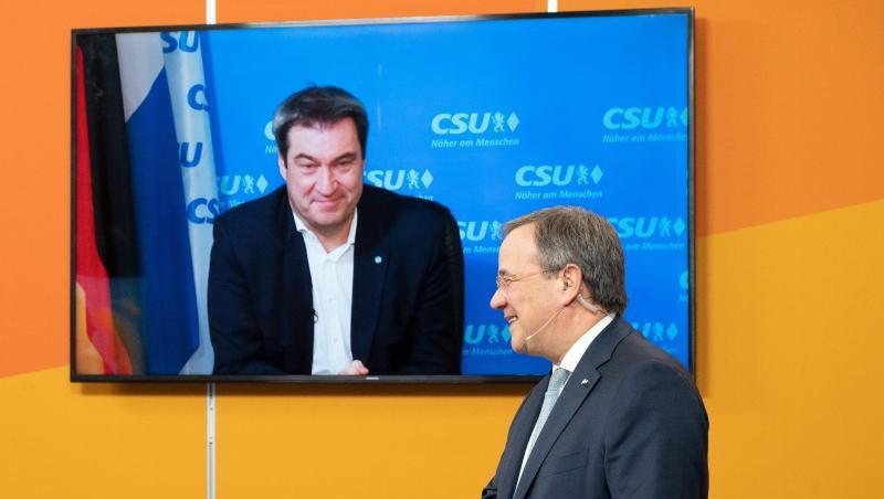 Armin Laschet (r) und Markus Söder beim digitalen Neujahrsempfang der NRW-CDU.