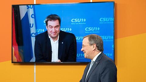 Armin Laschet (r) und Markus Söder beim digitalen Neujahrsempfang der NRW-CDU.