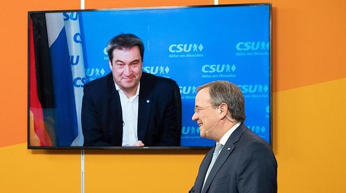 Armin Laschet (r) und Markus Söder beim digitalen Neujahrsempfang der NRW-CDU.