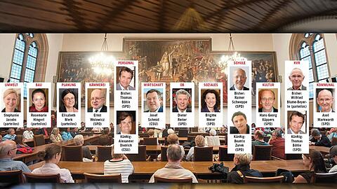 Der große Sitzungssaal im Rathaus: Unter dem Ölgemälde der &bdquo;Monachia&ldquo; sitzen OB, Bürgermeister und die elf Stadtminister &ndash; davor die 80 Stadträte. Die sollen heute in der Vollversammlung sechs Referenten wählen.
