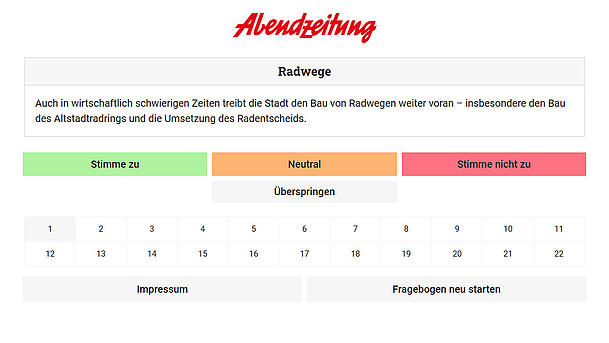 Vergleichen Sie mit dem AZ-Wahlhelfer Ihre Meinung mit denen der derzeitigen Stadtratsparteien. Vergleichen Sie mit dem AZ-Wahlhelfer Ihre Meinung mit denen der derzeitigen Stadtratsparteien.