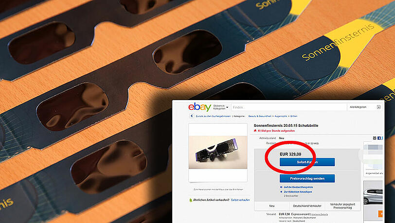 Die Brille für die Sonnenfinsternis: Bei eBay werden irre Preise für den Wegwerfartikel aufgerufen. Die Brille für die Sonnenfinsternis: Bei eBay werden irre Preise für den Wegwerfartikel aufgerufen.