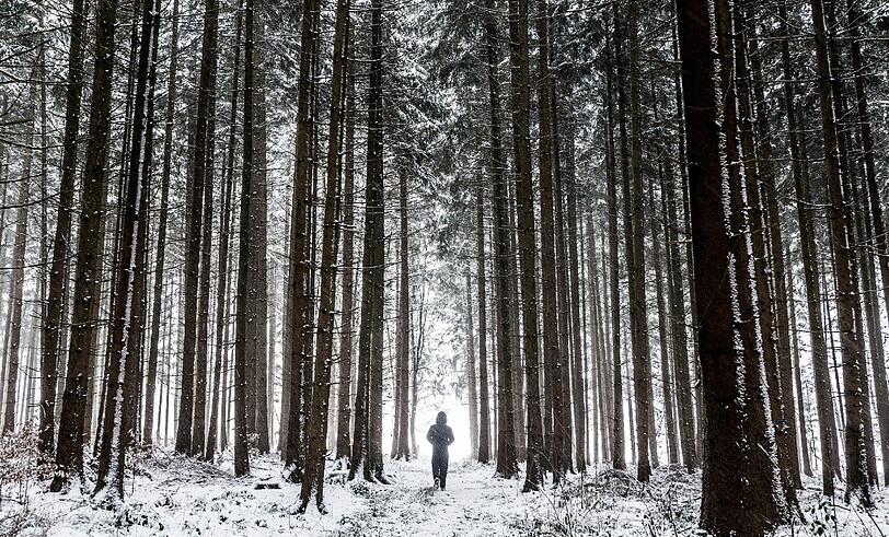 Ein Mann spaziert durch eine Winterlandschaft in Landsberg am Lech.