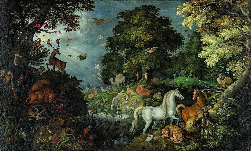 Im "Paradies" des flämischen Stilllebenmalers Roelant Savery von 1625 stehen Adam und Eva ziemlich weit hinten, wo sie nicht stören.