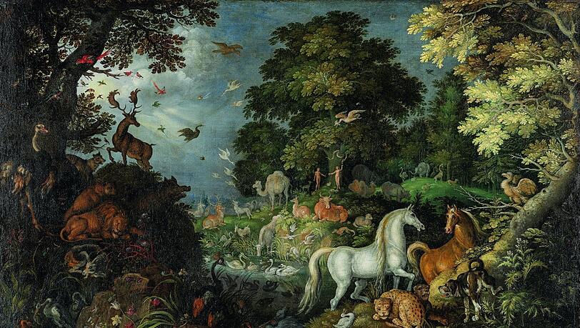 Im "Paradies" des flämischen Stilllebenmalers Roelant Savery von 1625 stehen Adam und Eva ziemlich weit hinten, wo sie nicht stören. Im "Paradies" des flämischen Stilllebenmalers Roelant Savery von 1625 stehen Adam und Eva ziemlich weit hinten, wo sie nicht stören.