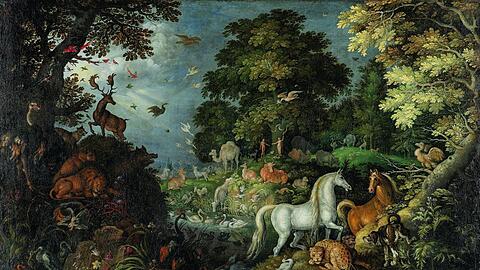 Im "Paradies" des flämischen Stilllebenmalers Roelant Savery von 1625 stehen Adam und Eva ziemlich weit hinten, wo sie nicht stören.