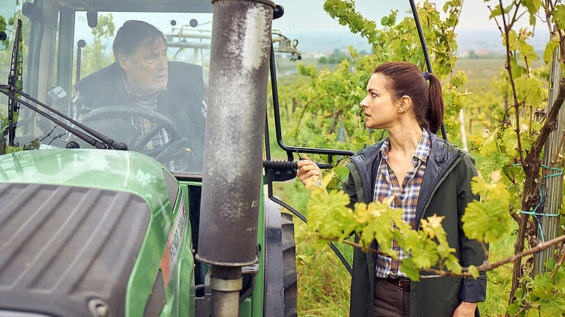 "Weingut Wader: Neue Wege": Anne (Henriette Richter-Röhl) möchte nicht, dass Dieter Ardenberger (Gerhard Fehn) Pestizide einsetzt