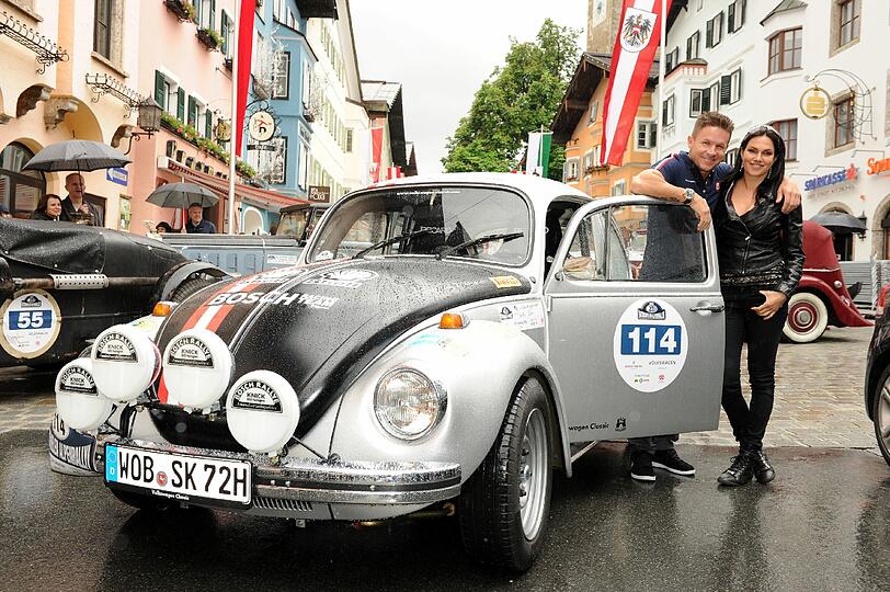 Maria Höfl-Riesch, Felix Baumgartner und Johann bei der Alpenrallye in Kitzbühel 2014. Die Bilder.
