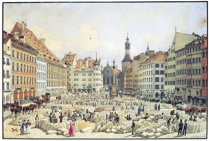 Am Marienplatz 1836: Der Schrannenplatz blieb immer frei von Grün.