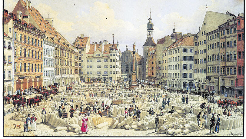 Am Marienplatz 1836: Der Schrannenplatz blieb immer frei von Grün. Am Marienplatz 1836: Der Schrannenplatz blieb immer frei von Grün.