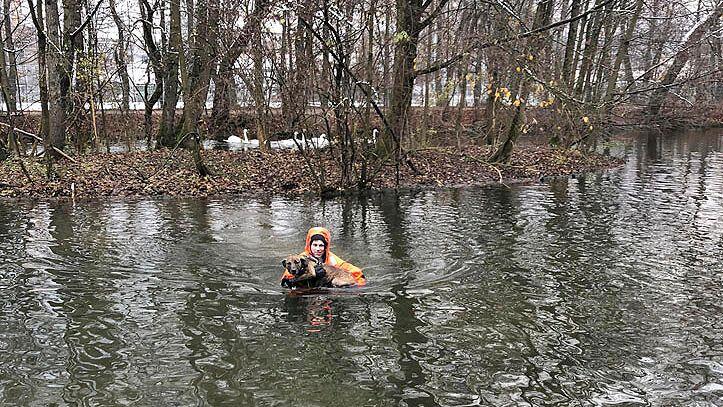 Der Feuerwehrmann watete durch das brusttiefe Wasser zu der Insel, um den Hund zu retten.