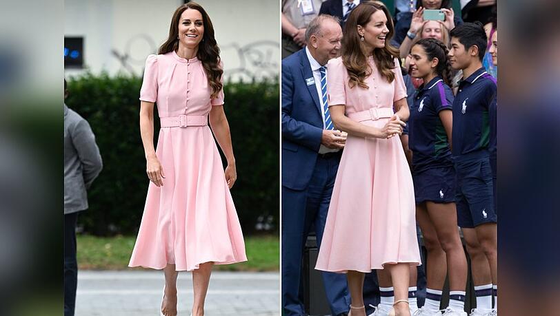 Prinzessin Kate setzte zweimal auf ihr rosafarbenes Kleid von Beulah London: bei einem Termin in London (li.) und bei einem Auftritt in Wimbledon 2021 (re.).