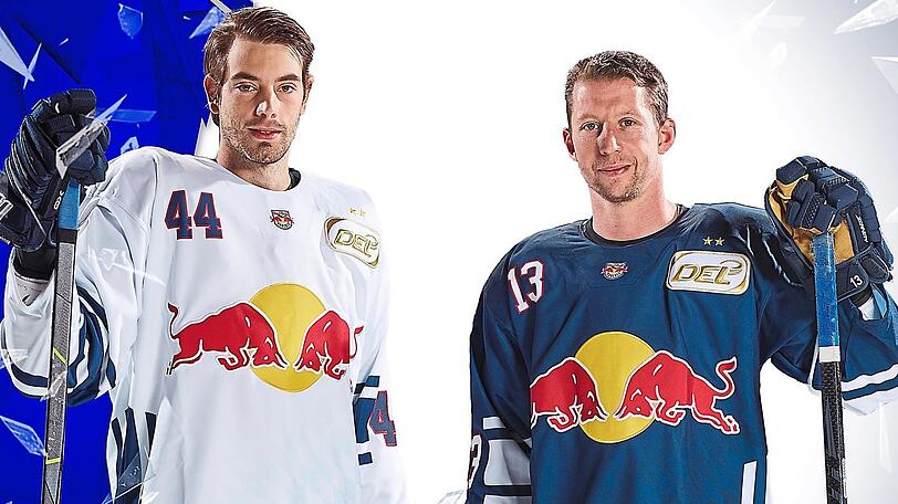 Präsentieren die neuen Trikots: EHC-Neuzugang Markus Lauridsen (l.) trägt das Auswärts-, Kapitän Michael Wolf das Heimdress.