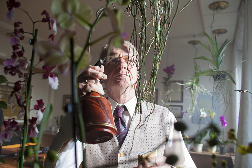 Karl Albrecht (Ralf Harster) frönt seinem Hobby, der Orchideenzüchtung.