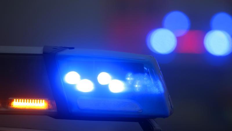 Ein Blaulicht leuchtet auf einem Polizeifahrzeug.