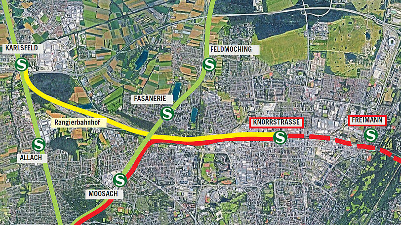 Von Moosach und Karlsfeld könnten neue Linien bis zur Knorrstraße entstehen. Und das schon 2026. Gestrichelt die mögliche Erweiterung in Richtung Freimann. Grün eingezeichnet die bestehenden S-Bahn-Linien.