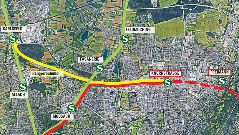 Von Moosach und Karlsfeld könnten neue Linien bis zur Knorrstraße entstehen. Und das schon 2026. Gestrichelt die mögliche Erweiterung in Richtung Freimann. Grün eingezeichnet die bestehenden S-Bahn-Linien. Von Moosach und Karlsfeld könnten neue Linien bis zur Knorrstraße entstehen. Und das schon 2026. Gestrichelt die mögliche Erweiterung in Richtung Freimann. Grün eingezeichnet die bestehenden S-Bahn-Linien.