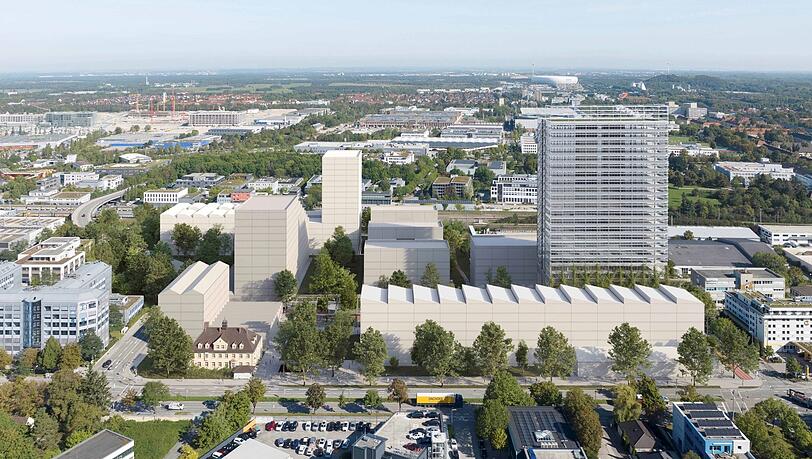Der Entwurf für das neue Quartier im Norden der Stadt: Links steht die alte Villa, rechts ein 99-Meter-Turm.