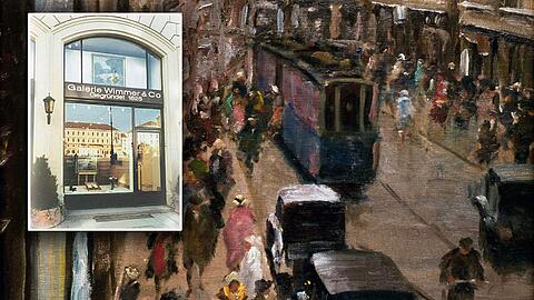 München kurz vor der Zerstörung: die Theatinerstraße im Jahr 1936, gemalt von dem 1941 in München verstorbenen Charles Vetter. Auf dem kleinen Foto ist die Galerie Wimmer in der Brienner Sraße 7 zu sehen.