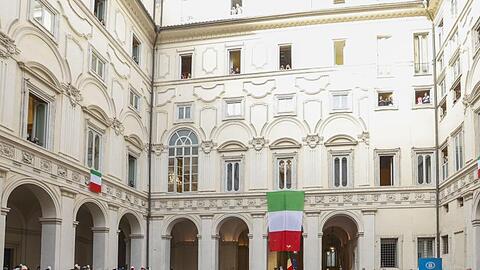 Die italienische Nationalmannschaft nimmt an einer Zeremonie mit Ministerpräsident Mario Draghi im Chigi-Palast teil.