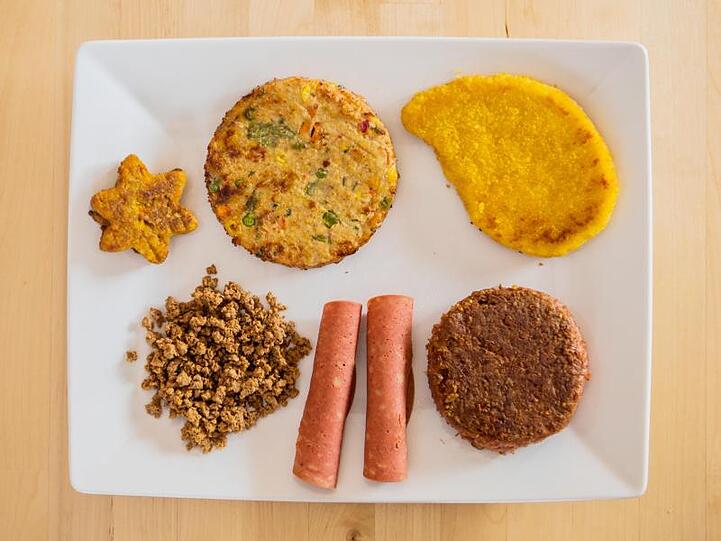 Verschiedene vegane und vegetarische Fleischersatzprodukte liegen auf einem Teller.