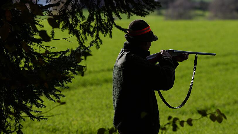 Ein Jäger steht während einer Treibjagd mit seinem Gewehr schussbereit am Waldrand. (Symbolbild)