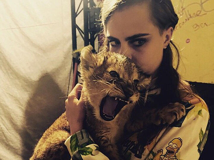 Wildes Haustier: Cara Delevingne posiert mit einem Löwen-Baby
