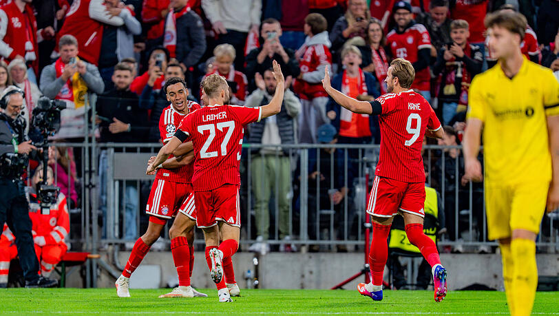 Trafen f&uuml;r den FC Bayern gegen Bod&oslash;/Glimt: Jamal Musiala (links) und Harry Kane (rechts).