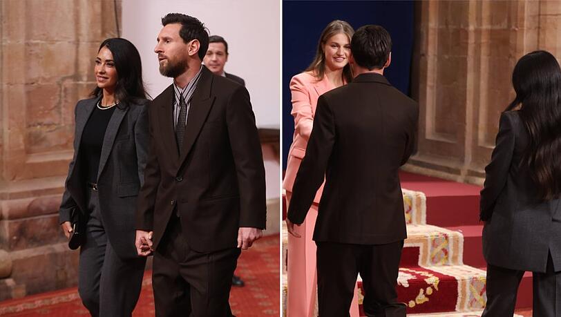 Lionel Messi mit seiner Ehefrau (li.) und beim Händeschütteln mit Prinzessin Leonor. Lionel Messi mit seiner Ehefrau (li.) und beim Händeschütteln mit Prinzessin Leonor.