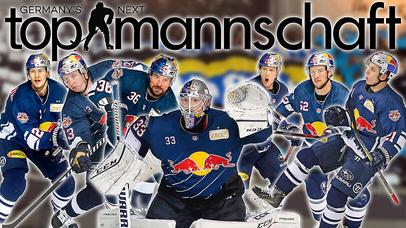 Auf historischer Triple-Mission: Der EHC Red Bull München mit Frank Mauer, Michael Wolf, Yannic Seidenberg, Danny aus den Birken, Jason Jaffray, Patrick Hager und Dominik Kahun (v.l.).