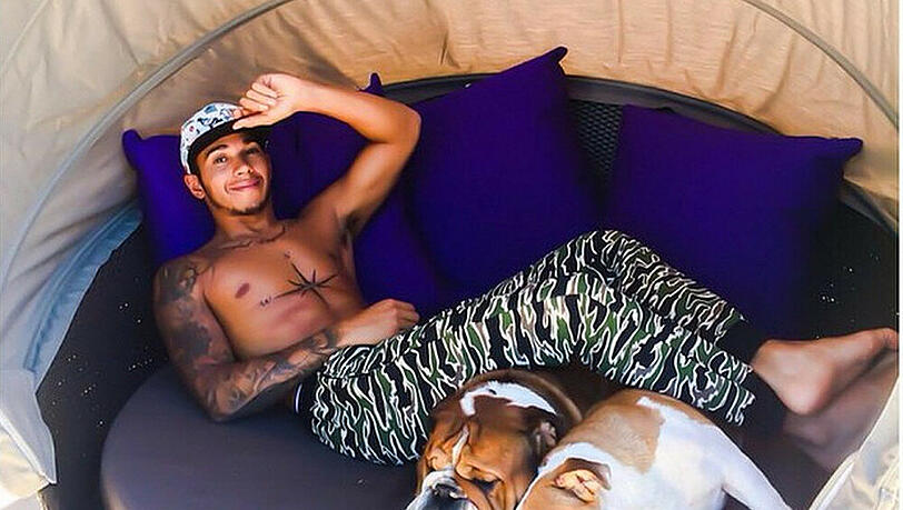 Lewis Hamilton relaxed in Belgien mit seinen zwei Hunden Lewis Hamilton relaxed in Belgien mit seinen zwei Hunden