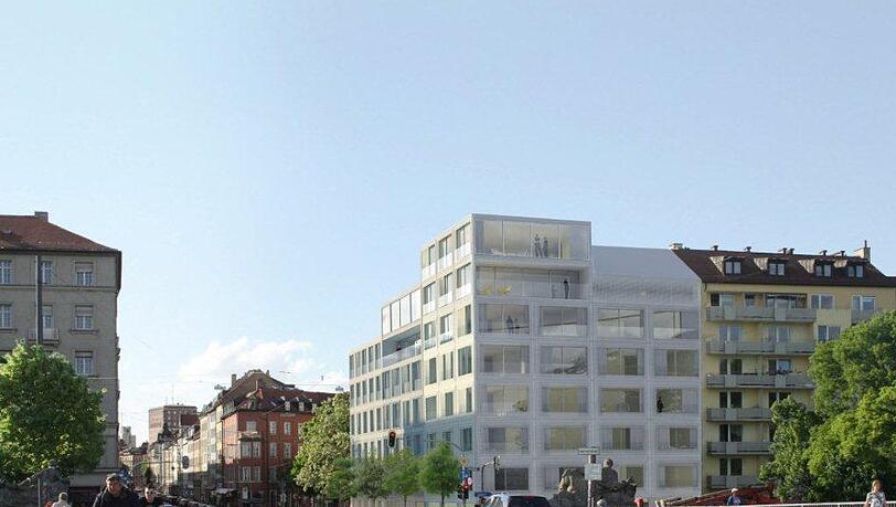Nachher: Die neue städtebauliche Situation an der Fraunhofer– Ecke Erhardtstraße in der Simulation. Der Neubau mit dem turmartigen Aufbau. Nachher: Die neue städtebauliche Situation an der Fraunhofer– Ecke Erhardtstraße in der Simulation. Der Neubau mit dem turmartigen Aufbau.