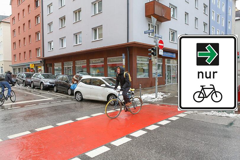 Fahrradschilder mit dem grünem Pfeil für Radler im Test - in München an neun Standorten.