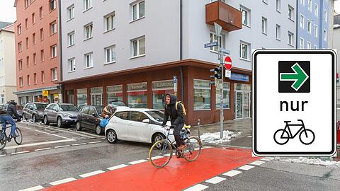 Fahrradschilder mit dem grünem Pfeil für Radler im Test - in München an neun Standorten.