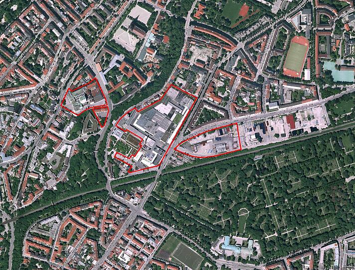 In der Au ist durch den Paulaner-Wegzug Platz frei geworden. Hier sieht man die drei Teilabschnitte, wo gebaut wird. Von links nach rechts sind das die Gebiete an der Ohlmüllerstraße, der Regerstraße und der Welfenstraße.