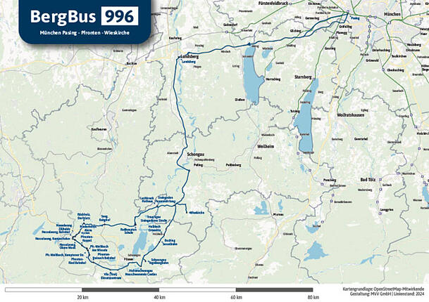 Die Linie "996 Bergbus" verkehrt nach Pfronten im Ostallgäu und weiter zur Wieskirche im Landkreis Weilheim-Schongau. 