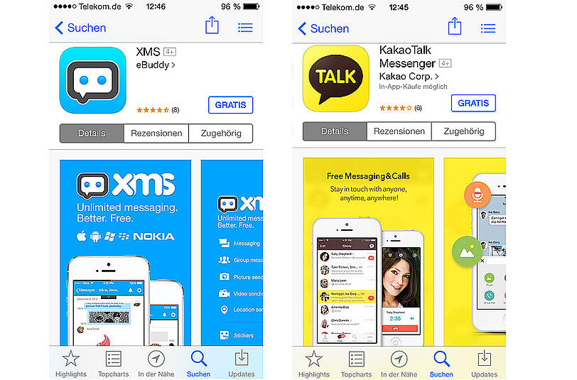 Zwei weitere Alternativen zu Whatsapp: Das in Asien populäre KakoaTalk (rechts) und eBuddy (links).